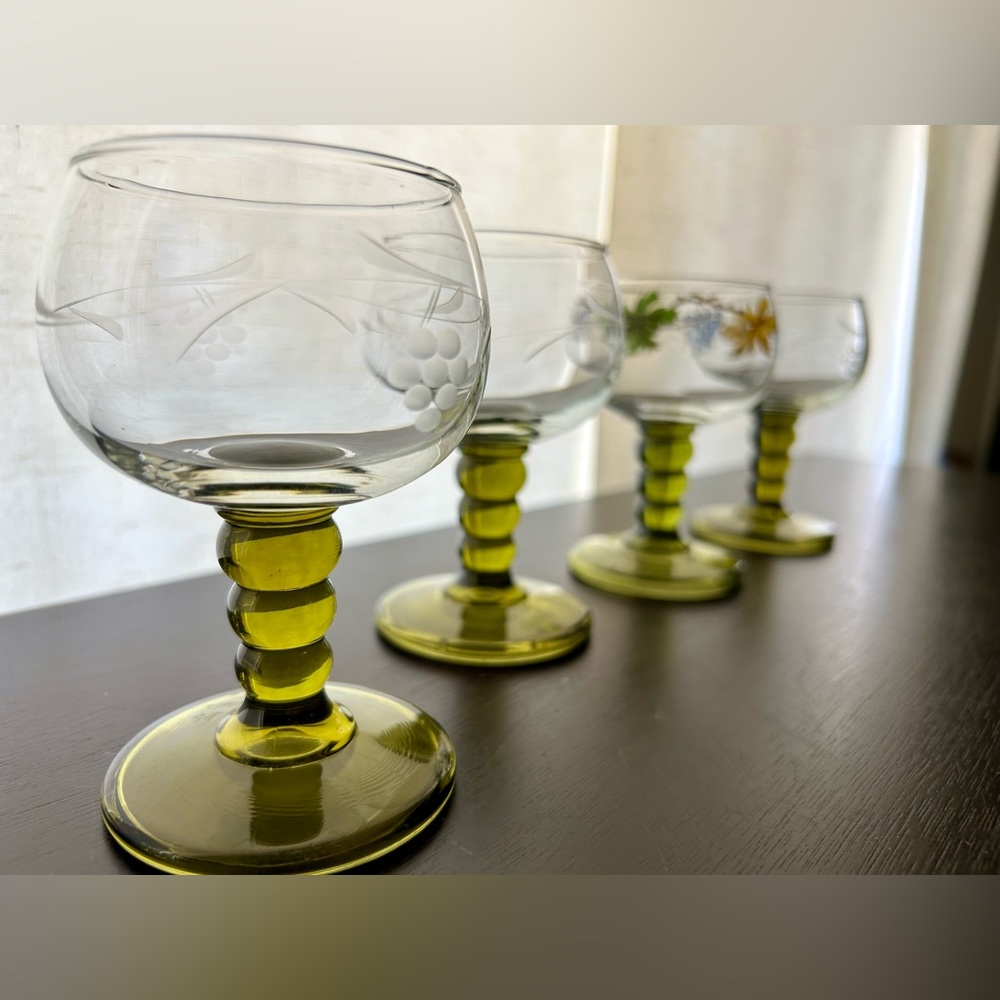 4 Roemer Vintage cordial glasses 3 etched glasses & 1 hand painted glass.